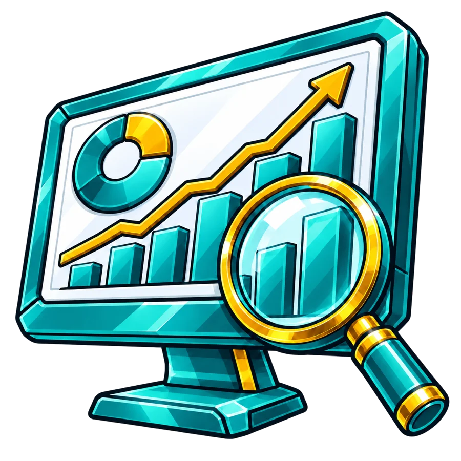 Monitor with charts and a magnifying glass, illustrating Business Central analytics
