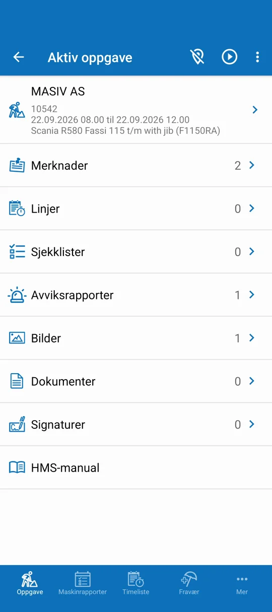 Active task in Xago Mobile with notes, lines, checklists, deviation reports, photos, documents and signatures
