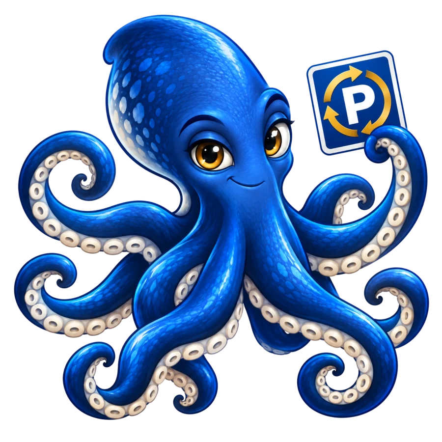 Blue octopus mascot holding a parking sign, illustrating contract parking management