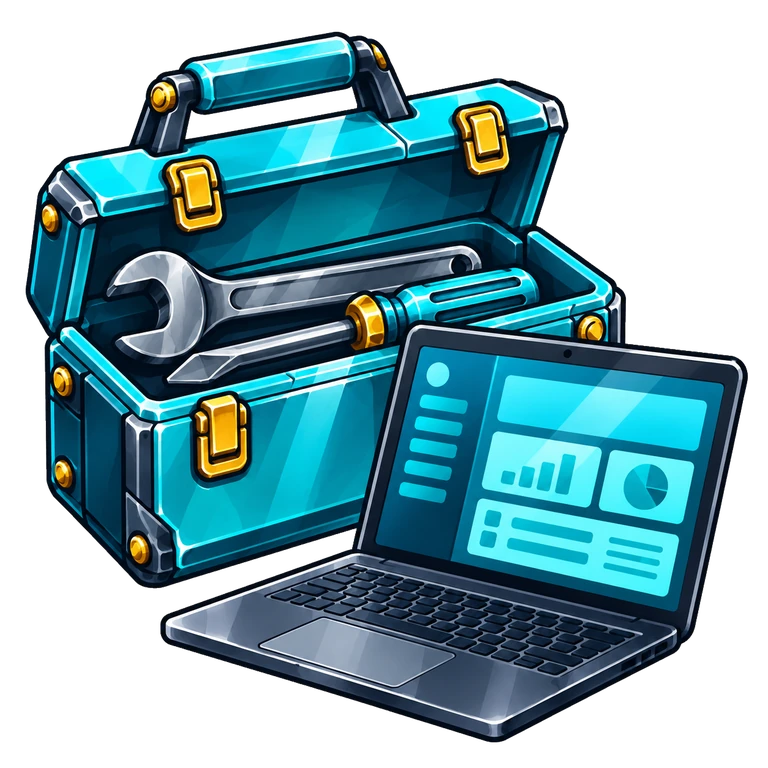 Open toolbox with a wrench and screwdriver next to a laptop showing Business Central reports