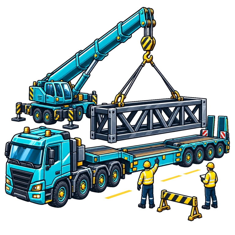 Mobile crane lifting a steel truss onto a heavy transport trailer, with two workers guiding the load
